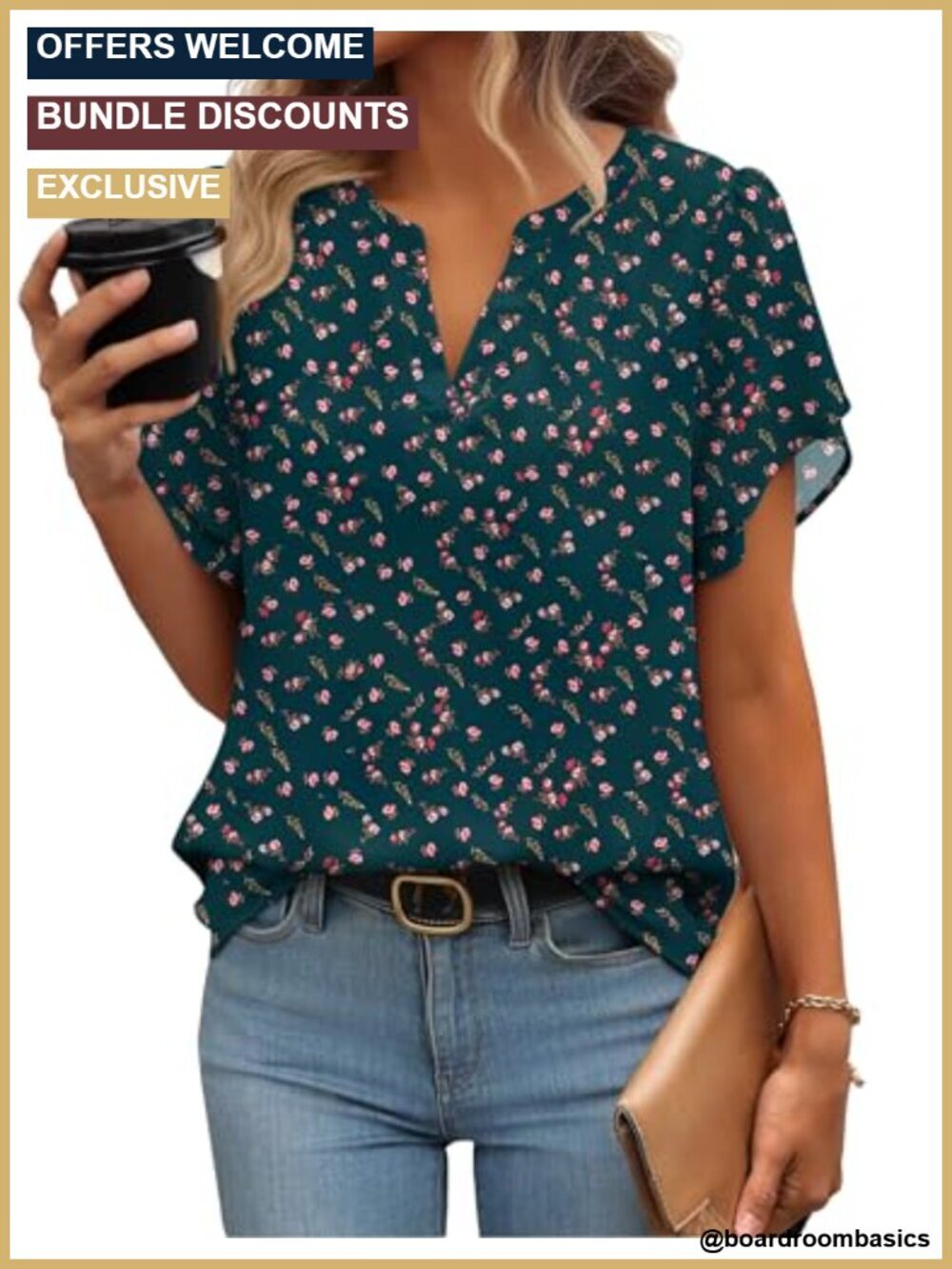 Elegant Flowy Blouse Petal Sleeves V-Neck Wrinkle Resistant